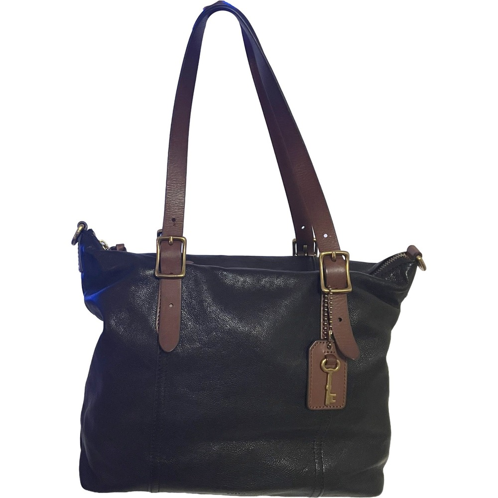 Fossil Black Pebbled Leather Tote Bag Brown Adjustable Straps Brass Key Charm